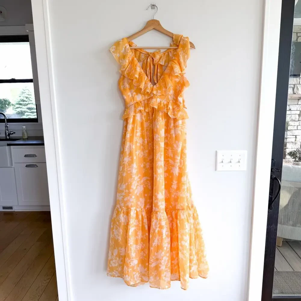 Abercrombie & Fitch Floral Ruffles Sleeveless V-Neck Maxi Dress Yellow M NWT